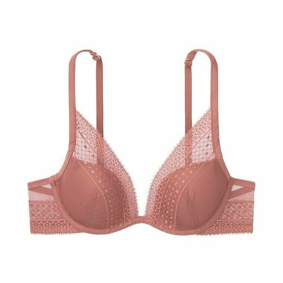 NWT Victoria's Secret Incredible Lightly Lined Plunge Lace Bra size 34DD Rose - Picture 3 of 6